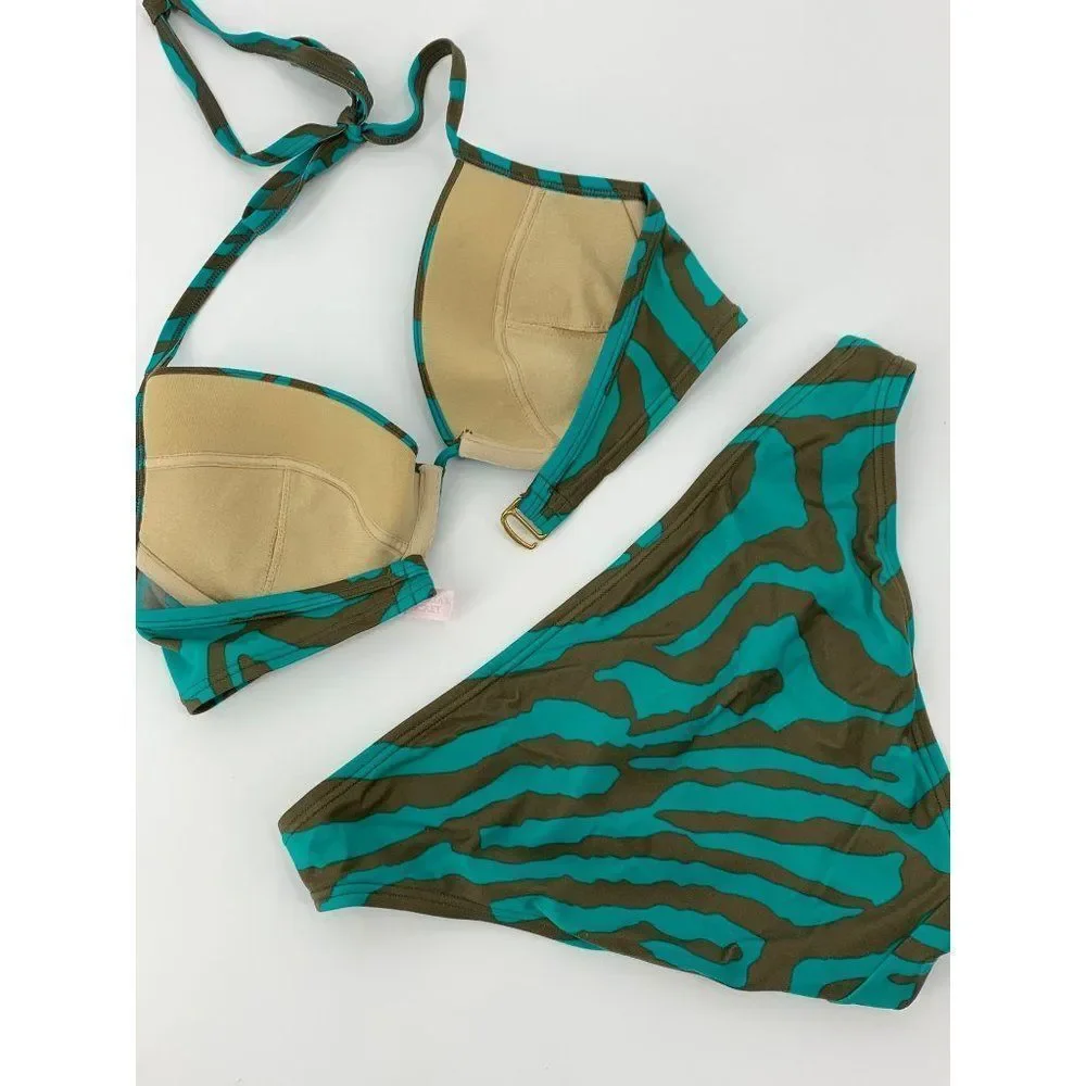Womens Victoria Secret Bikini 2-piece High Rise Bottom Small Bra 34C Animal 1035